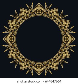 Golden outline doodle floral frame template. Vector decorative line art border. Elegant lace, isolated design element for invitation, greeting card in Eastern style, place for the text. Gold and black