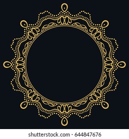 Golden outline doodle floral frame template. Vector decorative line art border. Elegant lace, isolated design element for invitation, greeting card in Eastern style, place for the text. Gold and black