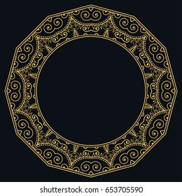 Golden outline doodle floral frame template. Vector decorative line art border. Elegant lace, isolated design element for invitation, greeting card in Eastern style, place for the text. Gold and black