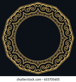 Golden outline doodle floral frame template. Vector decorative line art border. Elegant lace, isolated design element for invitation, greeting card in Eastern style, place for the text. Gold and black