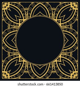 Golden outline doodle floral frame template. Vector decorative line art border. Elegant lace, isolated design element for invitation, greeting card in Eastern style, place for the text. Gold and black
