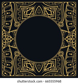 Golden outline doodle floral frame template. Vector decorative line art border. Elegant lace, isolated design element for invitation, greeting card in Eastern style, place for the text. Gold and black