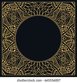 Golden outline doodle floral frame template. Vector decorative line art border. Elegant lace, isolated design element for invitation, greeting card in Eastern style, place for the text. Gold and black