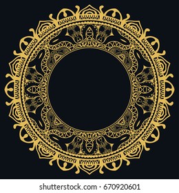 Golden outline doodle floral frame template. Vector decorative line art border. Elegant lace, isolated design element for invitation, greeting card in Eastern style, place for the text. Gold and black