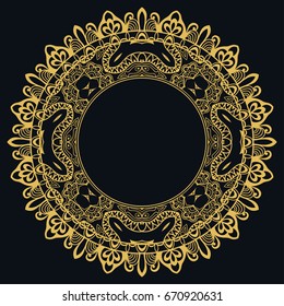 Golden outline doodle floral frame template. Vector decorative line art border. Elegant lace, isolated design element for invitation, greeting card in Eastern style, place for the text. Gold and black