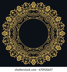 Golden outline doodle floral frame template. Vector decorative line art border. Elegant lace, isolated design element for invitation, greeting card in Eastern style, place for the text. Gold and black