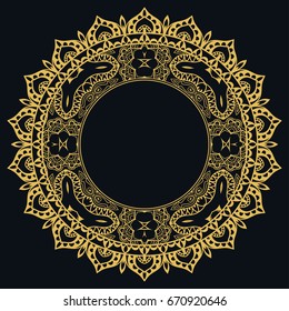 Golden outline doodle floral frame template. Vector decorative line art border. Elegant lace, isolated design element for invitation, greeting card in Eastern style, place for the text. Gold and black