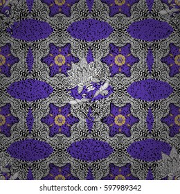 Golden outline floral decor. Golden element on violet background. Vector line art seamless. Vector sketch for invitations, cards, certificate, thank you message, web page. Eastern style element.