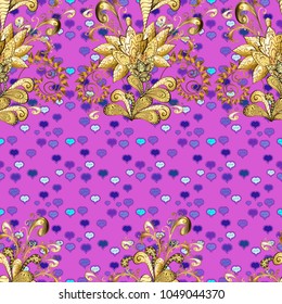 Golden outline floral decor. Line art seamless border for design template. Eastern style element. Vector illustration for invitations, cards, web page. Golden element on violet, brown, yellow colors.