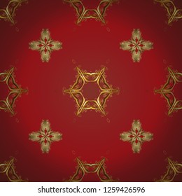 Golden outline floral decor. Line art seamless border for design template. Golden element on red and brown colors. Vector illustration for invitations, cards, web page. Eastern style element.