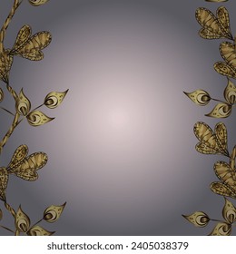 Golden outline floral decor. Line art seamless border for design template. Vector illustration for invitations, cards, web page. Golden element on gray, yellow, neutral colors. Eastern style element.