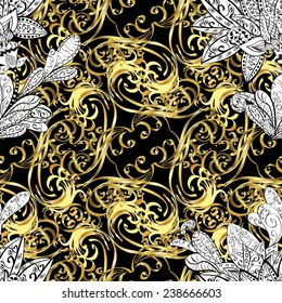 Golden outline floral decor. Vector line art seamless border for design template. Golden element. Eastern style element. Vector sketch for invitations, cards, certificate, thank you message, web page.
