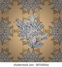 Golden outline floral decor. Vector sketch for invitations, cards, web page. Eastern style element. Golden element on beige background. Vector line art seamless border for design template.