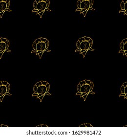 Golden outline flowers. Seamless pattern with blooms of apple, cherry. Dark background with contour flowers. Fashionable design for fabric, wallpaper, print.