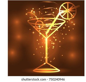 Golden outline of a glass with a cocktail on a brown background, disco, club, neon glow