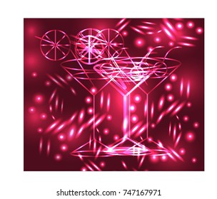 Golden outline of glasses with a cocktail on a pink background with stars and lights, disco, club, neon glow