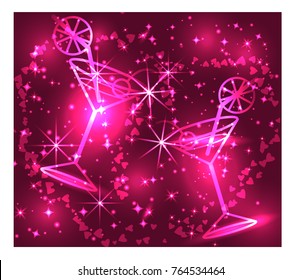 Golden outline of glasses with a cocktail on a pink background with stars and lights, disco, club, neon glow