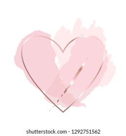 Golden Outline Heart, Pink, Nude, Gold Brush Strokes On A White Background.