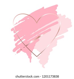 Golden outline heart, pink, rose, gold brush strokes on a white background.