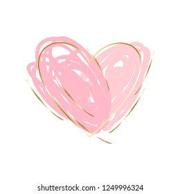 Golden outline heart, pink, rose, gold brush strokes on a white background.