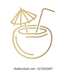 golden outline icon of cocktail in coconut with straw and umbrella - vector illustration