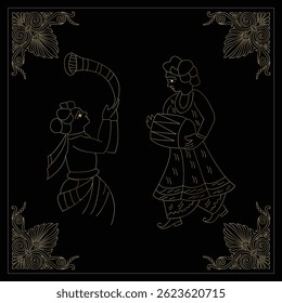 Golden Outline Illustration of Two Figures in Traditional Attire Performing Music