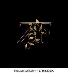Golden Outline Initial Letter Z and F, Z F Luxury Logo Icon, Vintage Gold Letter Logo Design Template