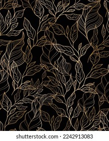 golden outline leaves pattern with black background, floral outline pattern