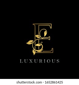 Golden Outline Letter E Luxury Logo Icon, Vintage Gold E Letter Logo Design Template