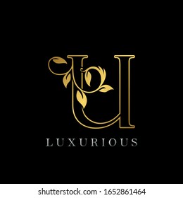 Golden Outline Letter U Luxury Logo Icon, Vintage Gold U Letter Logo Design Template