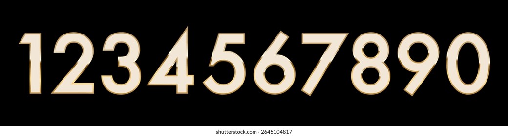 Golden outline numbers on black. Set of beige 3d metal numbers with gold border isolated on black background for promotion, party, holiday, postcard, banner. Realistic vector illustration.