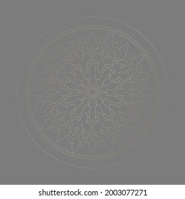 Golden outline ornamental round pattern on grey background. Card template design. Vector illustration.