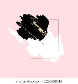 Golden outline square frame, white, black, gold brush strokes on a pink background.