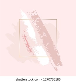 Golden outline square frame, white, nude, gold brush strokes on a rose background.