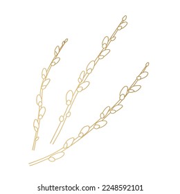 golden outline of willow catkin branches, symbol of Easter, spring -vector illustration