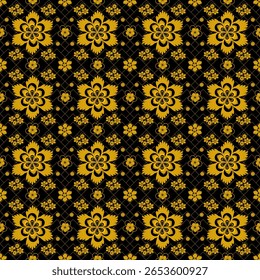 Golden outlined flowers with subtle shading and smaller floral accents on a black background, forming a rich, repeating pattern.

