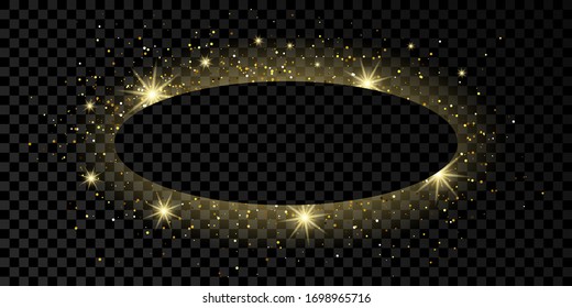 Golden oval frame with glitter, sparkles and flares on dark transparent  background. Empty luxury backdrop. Vector illustration.