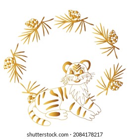 Golden  oval frame with Pine cones and a Tiger for greeting cards,  invitations and covers. White background. Vector isolated illustration.