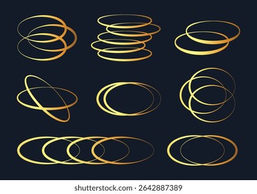 Golden oval frames. Gradient ellipse shapes, oval rings frames flat vector illustration set. Abstract aesthetic elements