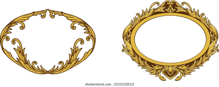 Marcos de cuadros vintage ovalados dorados. Oro de fantasía Fronteras antiguas decorativas con filigrana barroca ornamental. Elementos de diseño de Ilustración vectorial. 