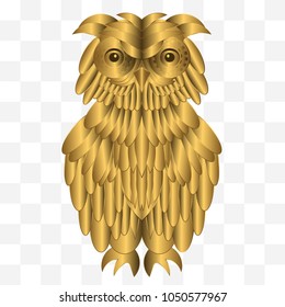 Golden owl with big smart eyes and a lot of feathers.