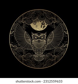 Golden Owl in Moonlight Enchanting Line Art with Clouds