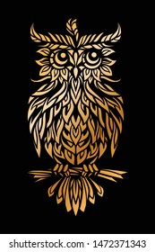 Golden owl silhouette on a black background