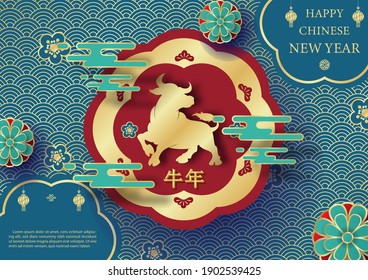 The golden Ox Chinese zodiac on red and blue border with wording of Chinese new year, on golden wave pattern with blue background. Chinese letters is meaning year of the Ox in English.