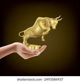 Golden ox in the hand of a young woman.