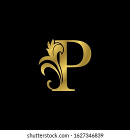 Golden P Initial Letter Luxurious logo icon, vintage luxury vector design concept outline alphabet letter with  floral leaf  gold color for luxuries business.