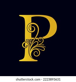 Golden P letter. Alphabet golden logo, vintage emblem vector illustration