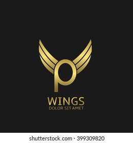 Golden P letter logo template with golden wings