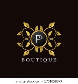 Golden P Letter Luxury Frame Boutique Initial Logo Icon, Elegance logo letter design template for luxuries business, boutique, fashion, and more business identity