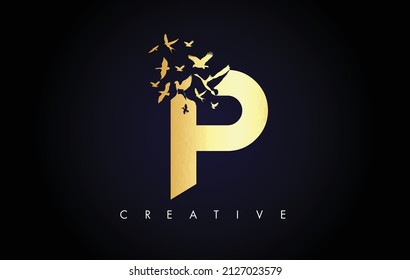 Golden P Logo Letter with Flying Flock of Birds Disintegrating from the Letter. P Gold Texture Letter with Bird Fly Letter Icon.